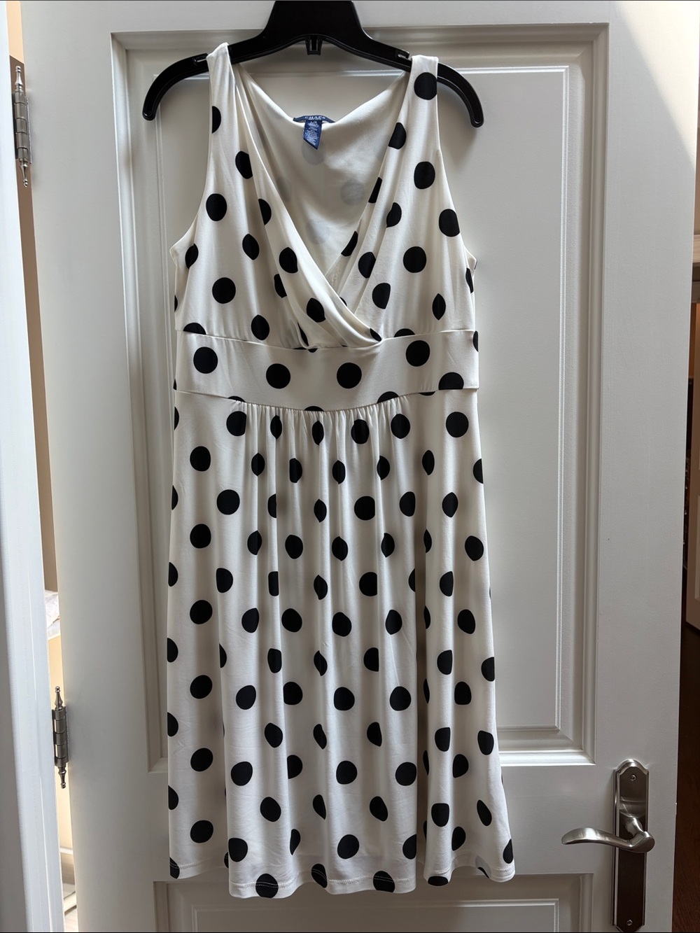 CHAPS White Sleeveless Polka Dot Midi Dress with Black Dots